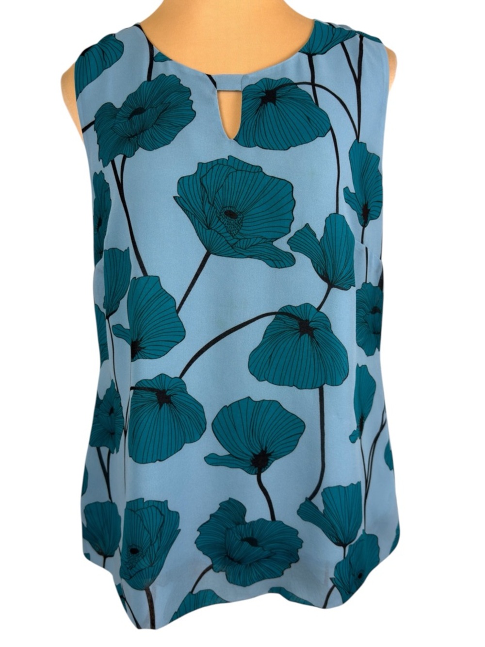 CAbi #3268 Blue Poppy Floral Print Sleeveless Tank Keyhole Top Size S